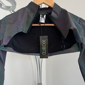 Dolls Kill Club Exx zip up shrug jacket S NWT Dark Rainbow color glows in flash